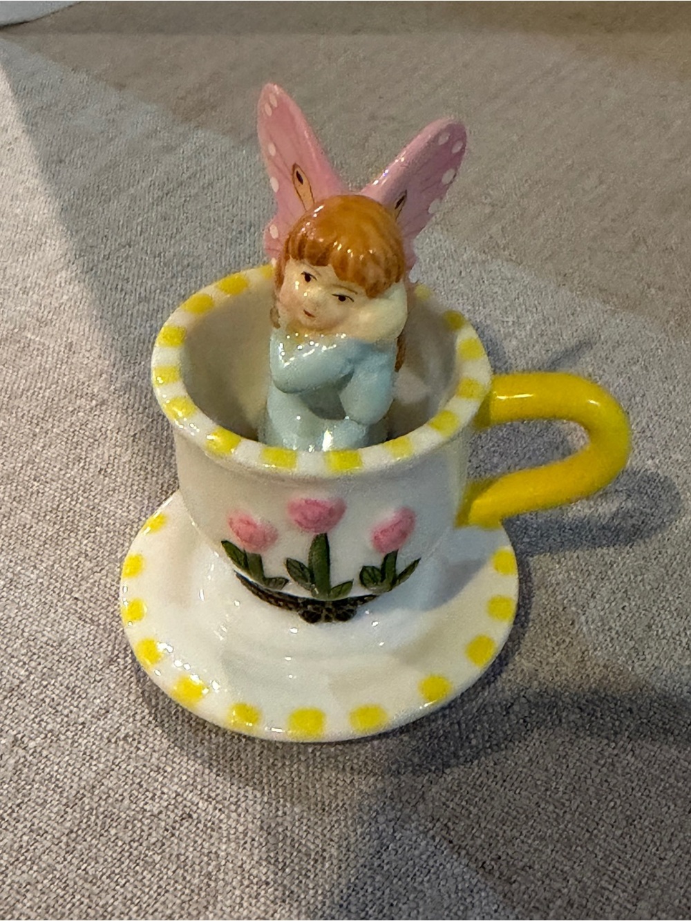 Miniature Ceramic Fairy in Yellow-Accent Teacup Limoge style Box
